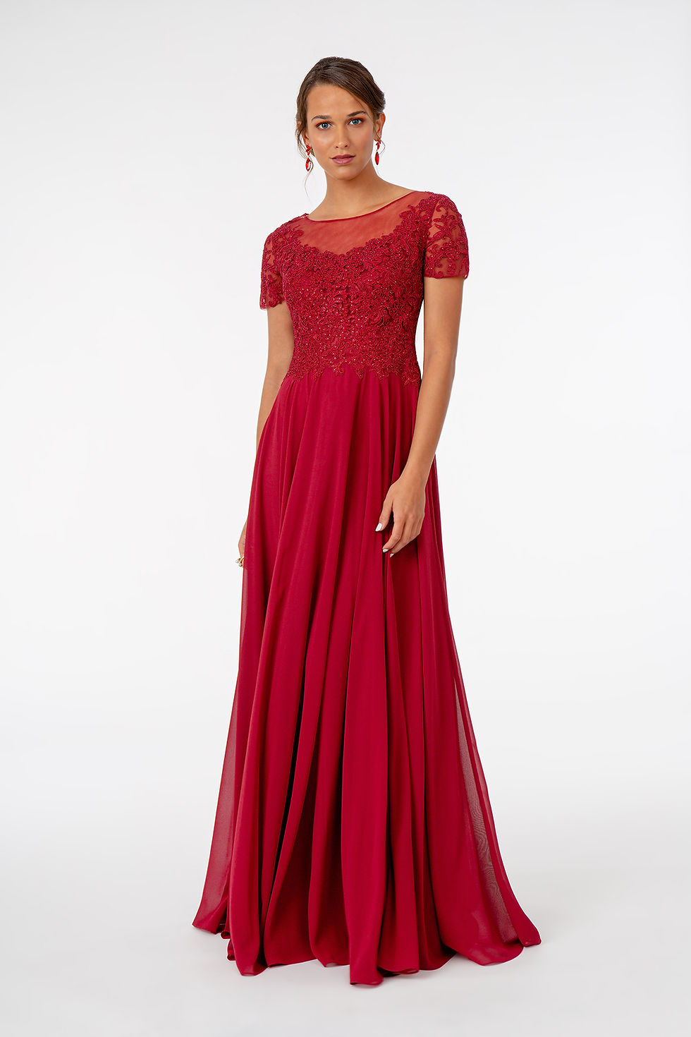 Thumbnail: Embroidered Bodice Short Sleeve Chiffon Long Dress