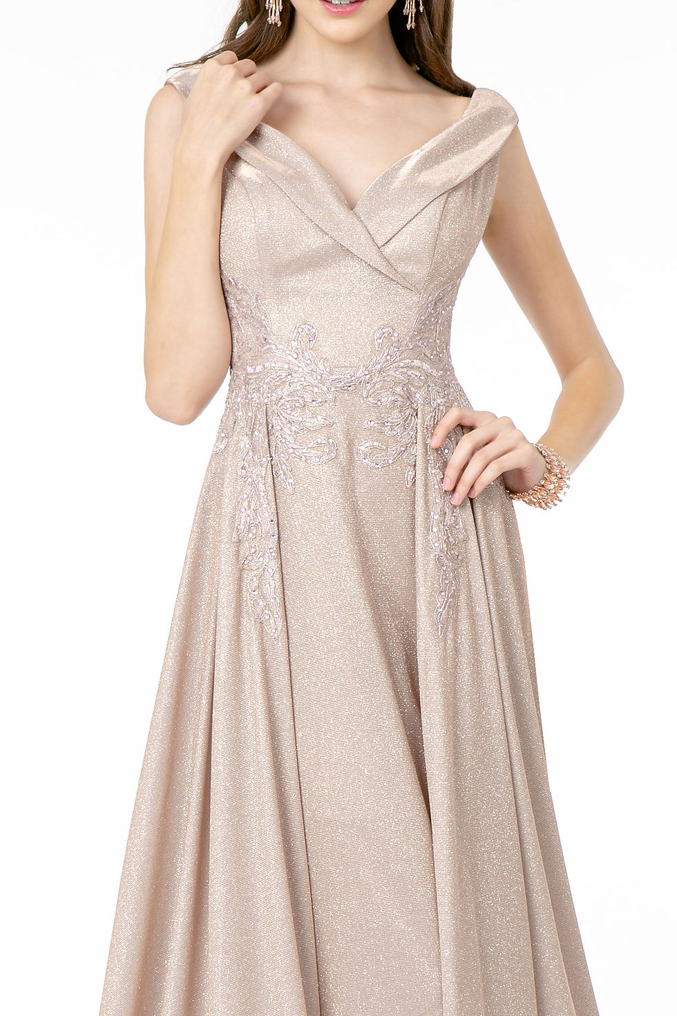 Thumbnail: Embroidered Cap Sleeve A-Line Long Dress w/ V-Back