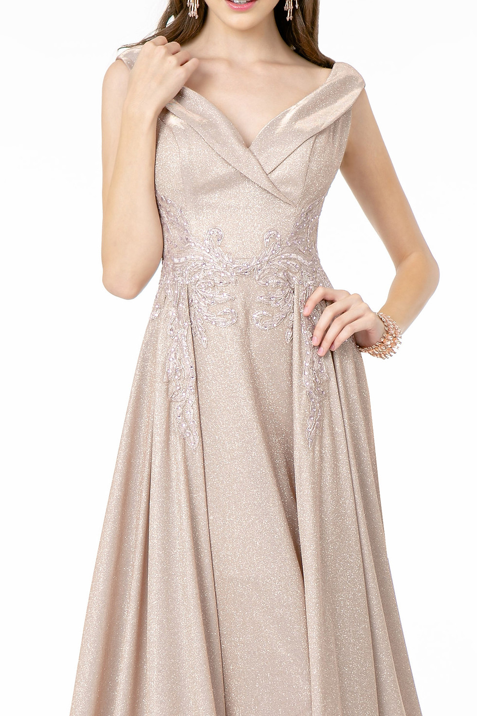 Thumbnail: Embroidered Cap Sleeve A-Line Long Dress w/ V-Back