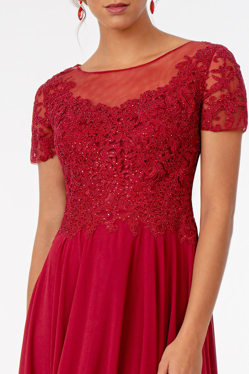 Thumbnail: Embroidered Bodice Short Sleeve Chiffon Long Dress