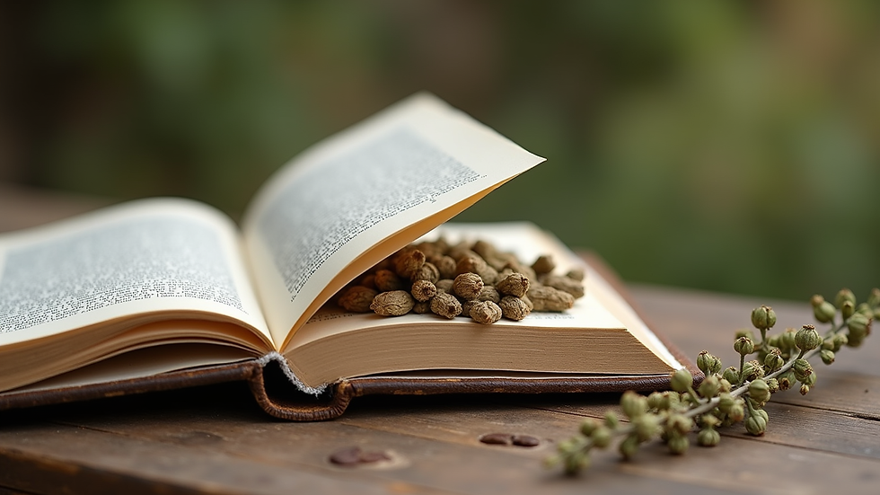 Eye-level view of an open herbal book with dried herbs on a wooden table