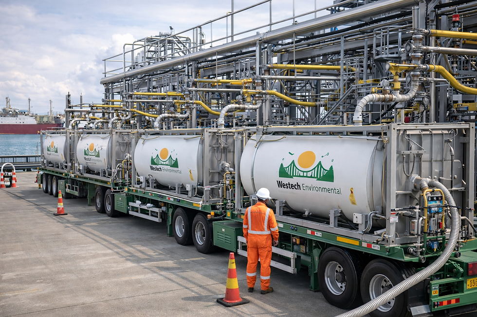 Realistic LNG terminal operations scene with Westech-branded ISO tanks