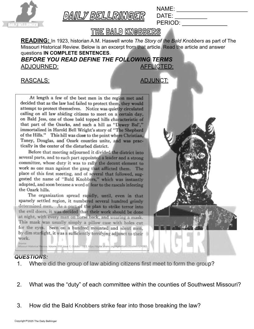 Thumbnail: History of the Bald Knobbers Worksheet