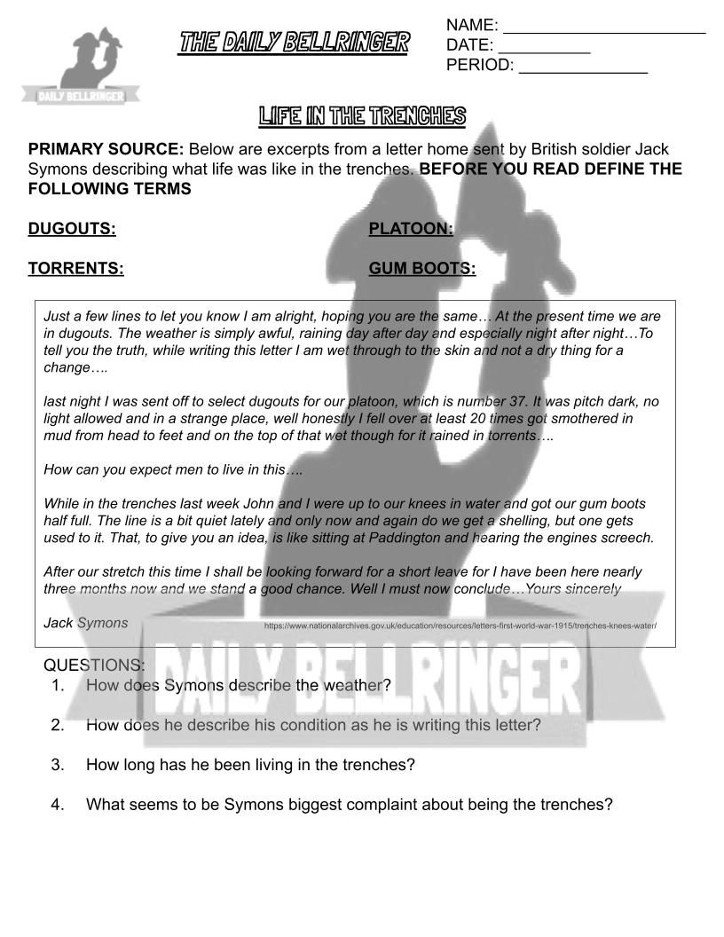 Thumbnail: Trench Warfare World War I Worksheet
