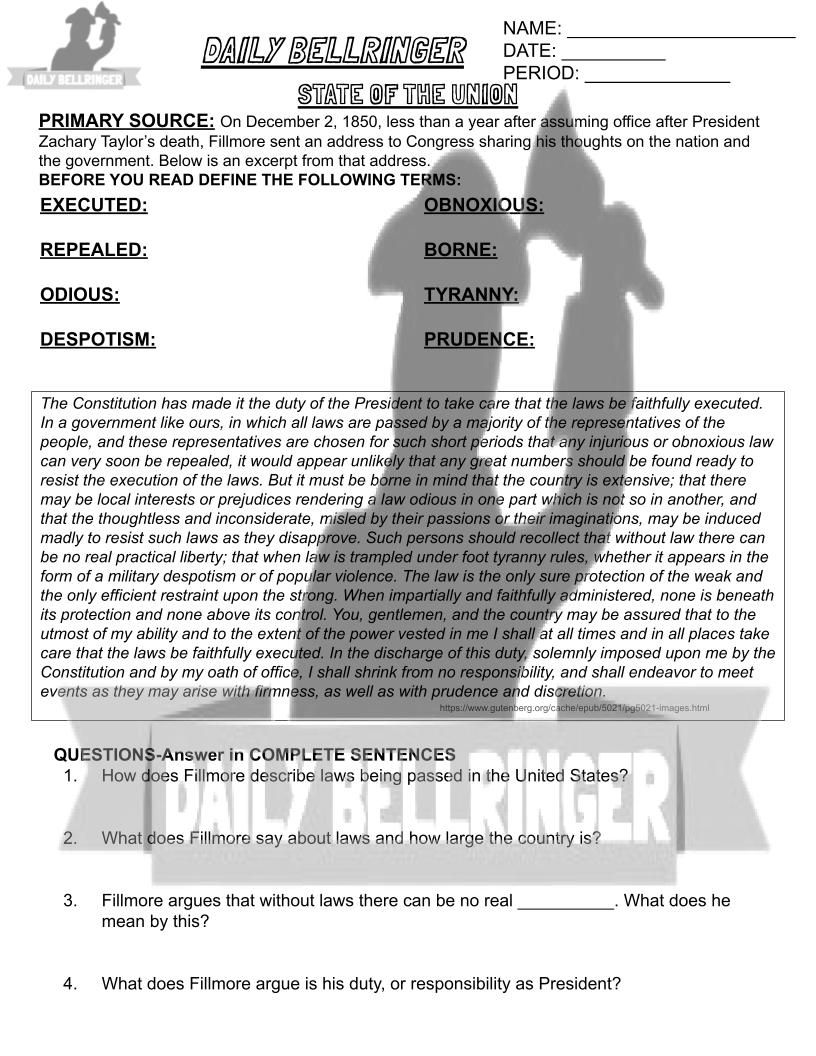 Thumbnail: President Millard Fillmore Worksheet