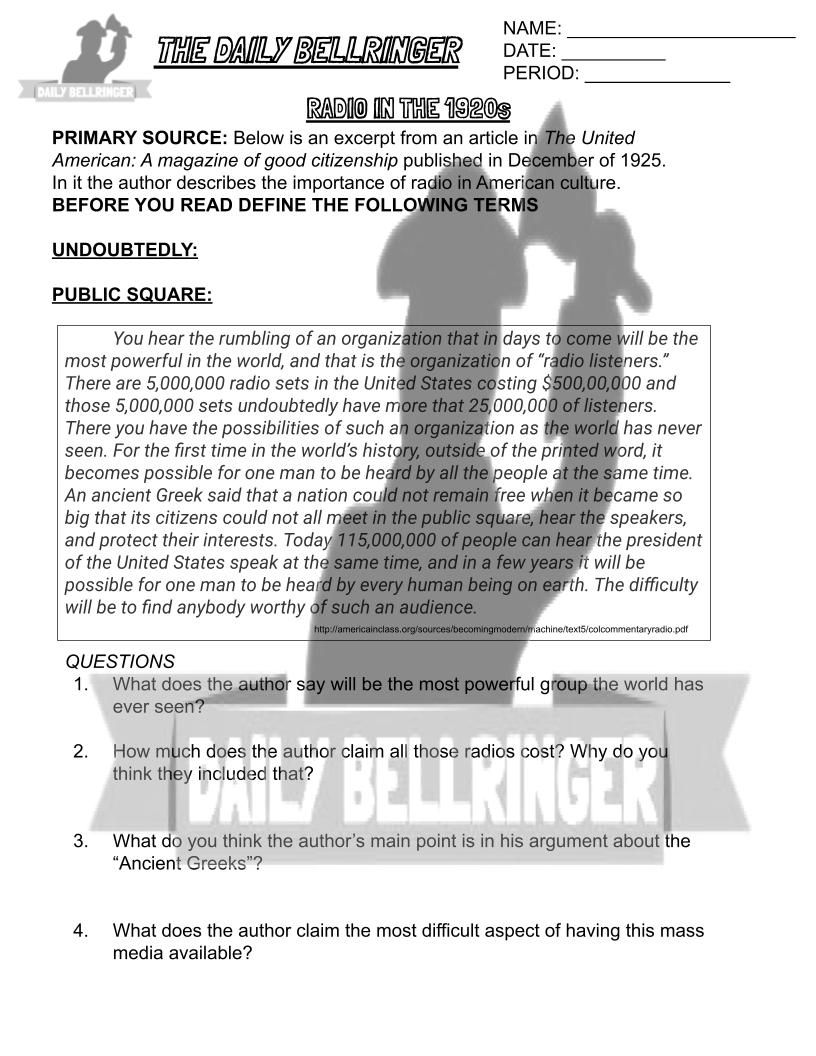 Thumbnail: The Roaring 20s Worksheet Pack-10 Worksheets w/answer key