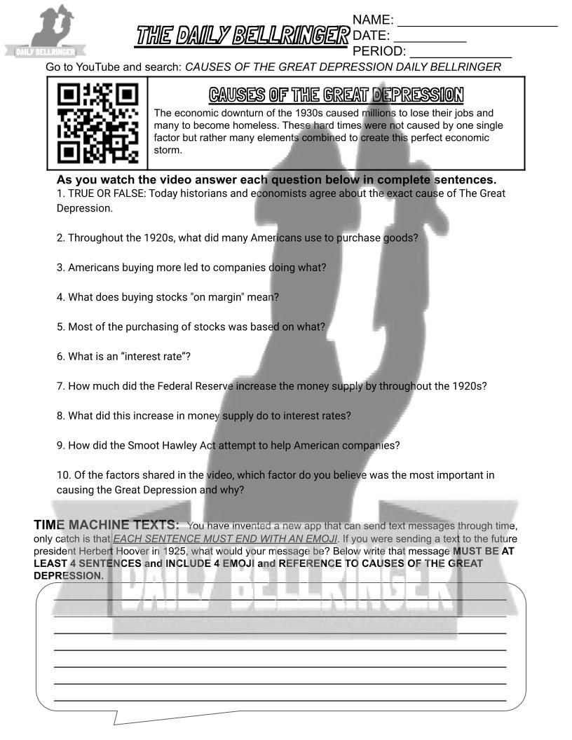 Causes of the Great Depression Worksheet Mysite