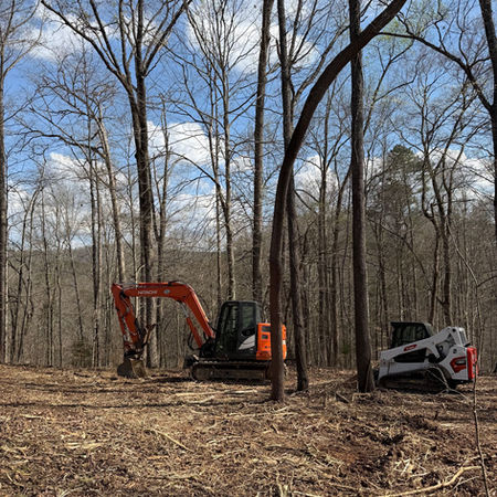 Excavator and skid steer clearing a wooded lot during early site work for a custom home, surrounded by tall trees under a clear sky.