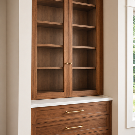 Custom built-in wood buffet cabinet with glass-front upper storage and brass hardware.