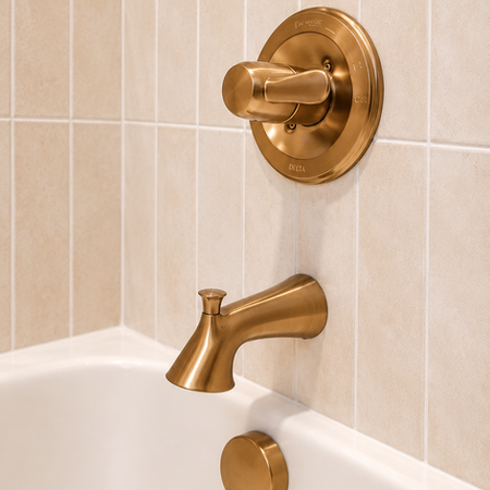 Brushed gold tub filler and shower controls mounted on beige tile above a white bathtub.