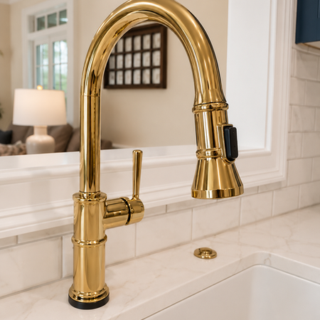 Polished nickel pull-down kitchen faucet with farmhouse sink and quartz countertop in a luxury custom home kitchen.