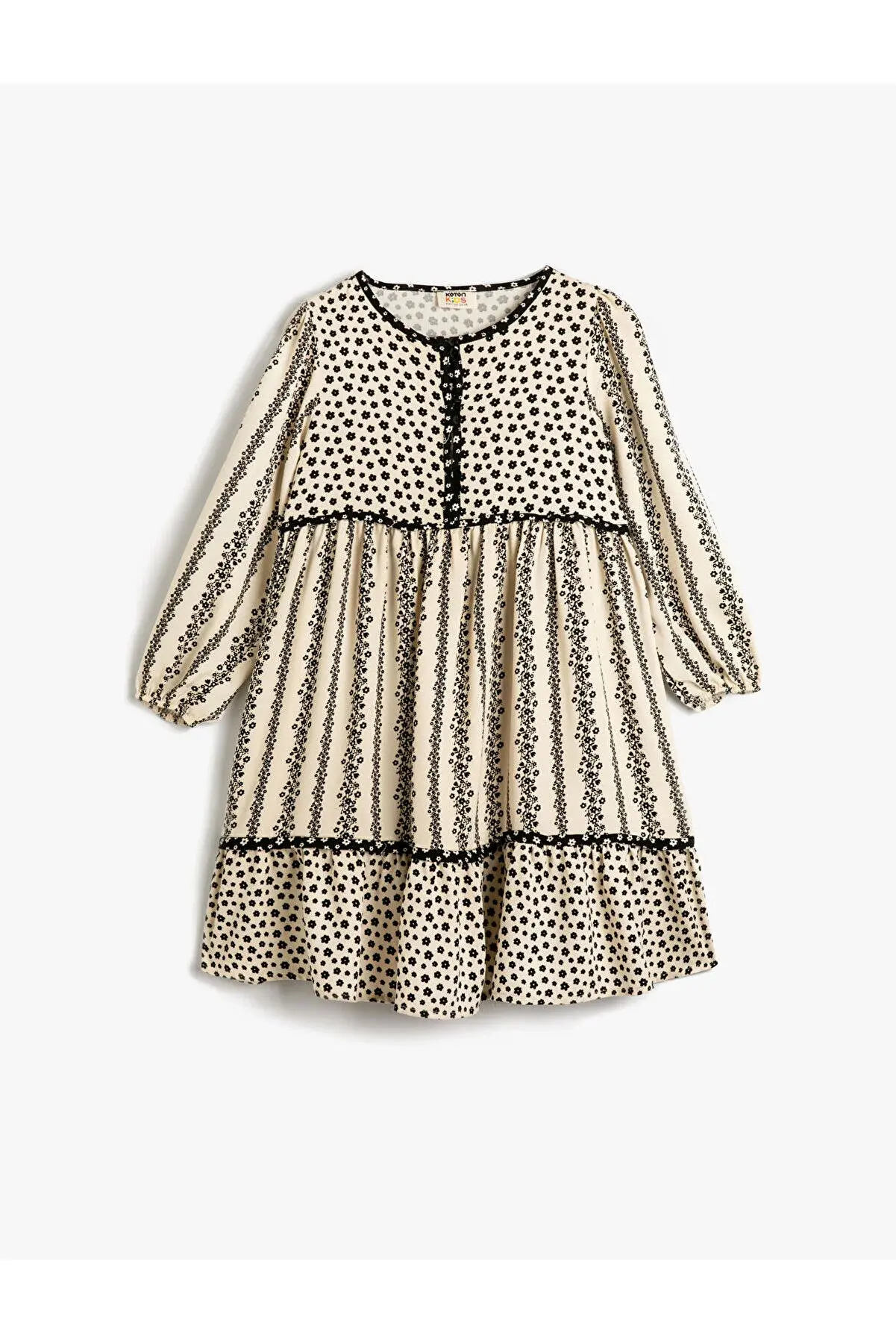 Koton Çiçekli Elbise Düğme Detaylı Bisiklet Yaka Lastik Manşetli