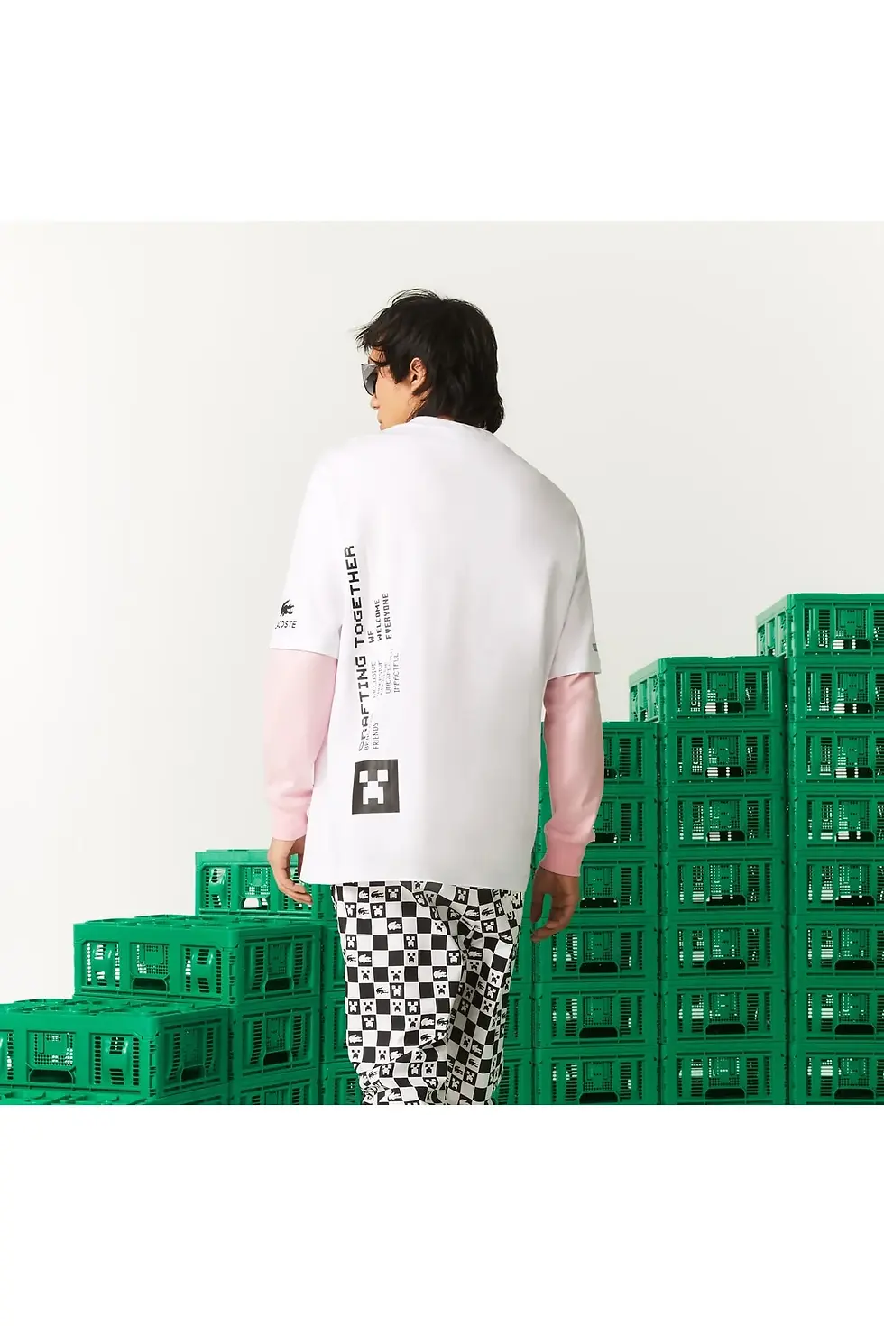 Thumbnail: Lacoste X Minecraft Erkek Relaxed Fit Bisiklet Yaka Desenli Beyaz T-shirt TH3802