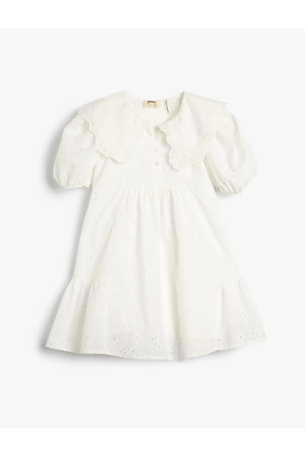 Koton Elbise Geniş Bebe Yaka Lastikli Kısa Balon Kollu Pamuklu