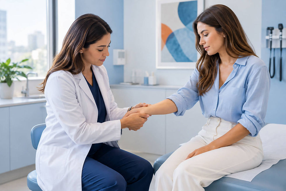Doctora evaluando la muñeca de una paciente antes de una ecografía de muñeca en Quito.