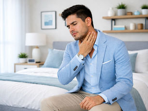 Hombre joven palpando ganglios en el cuello en dormitorio moderno, imagen representativa de evaluación y biopsia de ganglios en Inter-Medikum, Centro de Diagnóstico por Imagen en Quito.