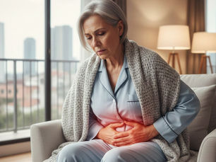 Mujer adulta mayor sentada en sillón con dolor abdominal, sujetando el estómago en casa – atención médica especializada Inter-Medikum