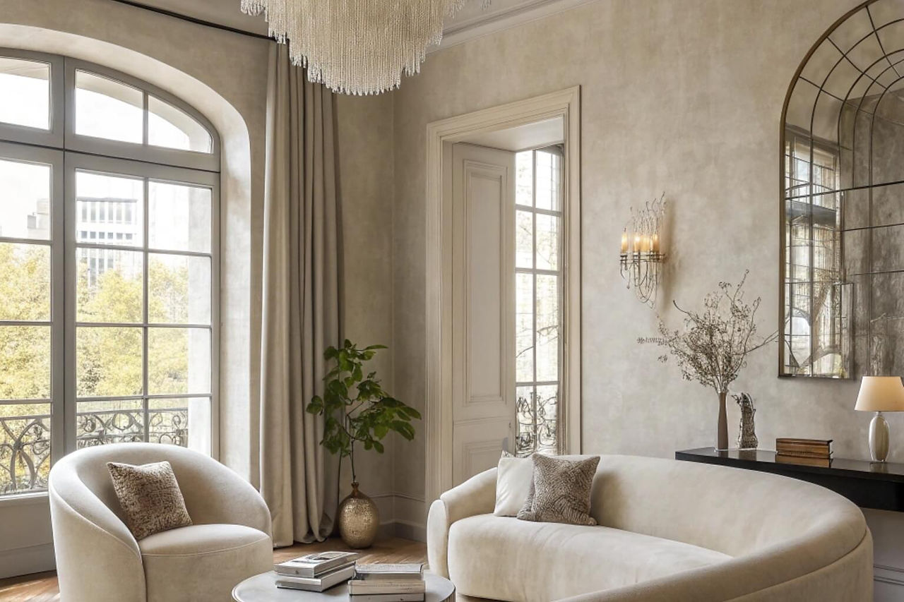 Sala contemporánea con mobiliario curvo, paleta neutra y diseño minimalista de alta gama.