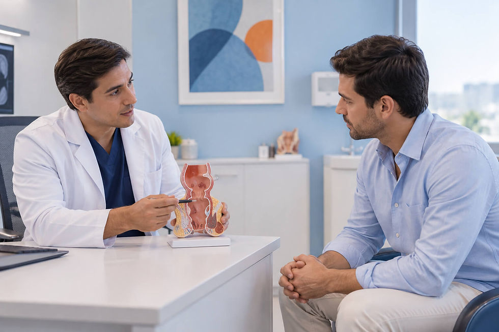 Doctor explicando a un paciente la anatomía del recto antes de una ecografía endoanal en Quito.