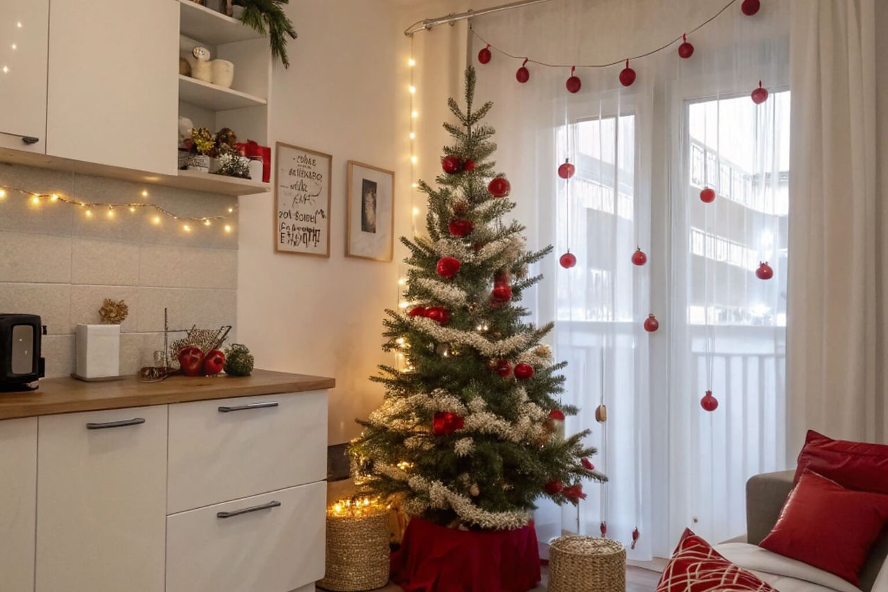 Departamento pequeño con decoración navideña minimalista, árbol delgado y paleta cálida que maximiza