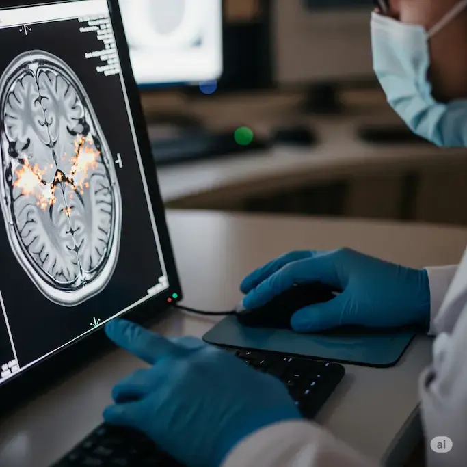 El compromiso del Dr. Felipe Rivadeneira con la precisión, analizando cada detalle de una resonancia magnética.