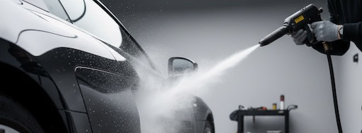 Un técnico limpia con precisión el lateral de un vehículo negro de alta gama en un taller moderno y limpio, eliminando suciedad sin contacto con servicio profesional de detailing con hielo seco para autos de lujo en Quito. 