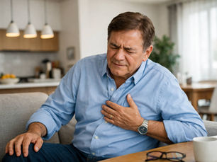 Hombre adulto mayor con síntomas de infarto en casa moderna; dolor en el pecho como señal de alerta para evaluación con score de calcio en Quito en Inter-Medikum.