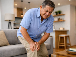 Hombre adulto mayor con dolor en la rodilla en su hogar moderno en Quito, imagen representativa de pacientes que pueden beneficiarse de una infiltración articular para aliviar dolor en rodillas y hombros.