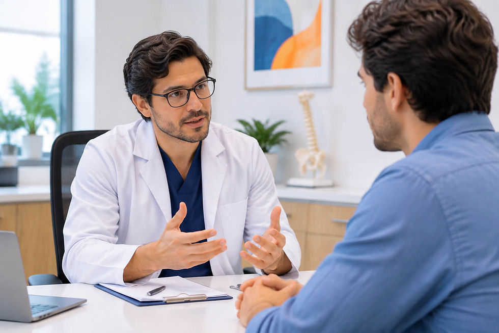 Médico explicando a un paciente la valoración previa para una biopsia de disco guiada por tomografía en Quito.