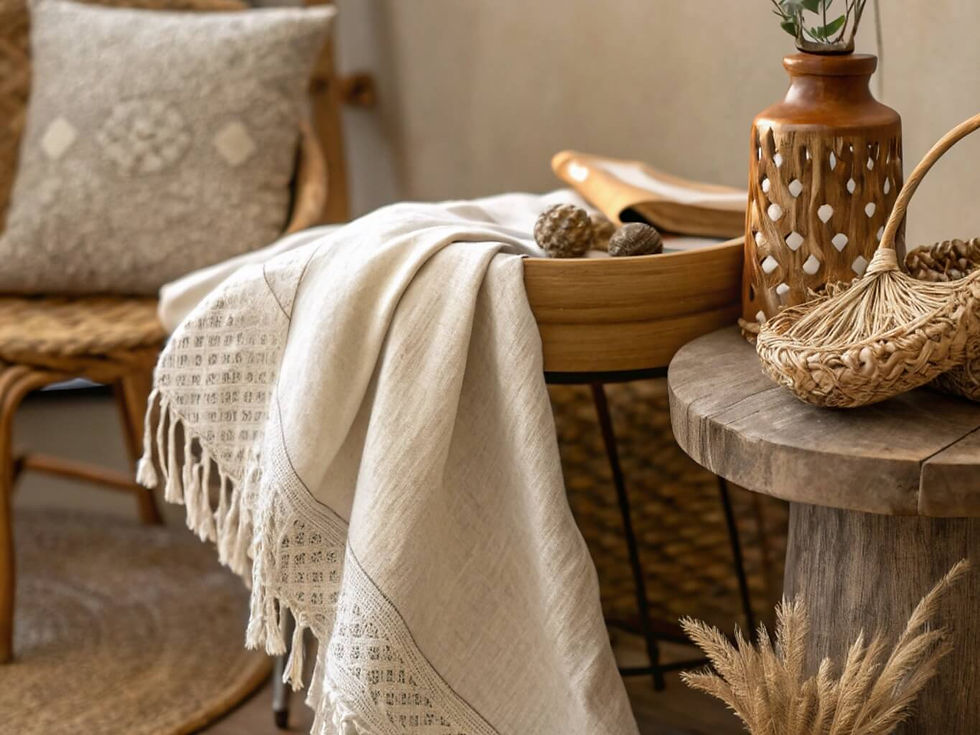 Detalle de mesa auxiliar y textiles orgánicos, decoración de interiores con materiales reciclados y estilo natural.