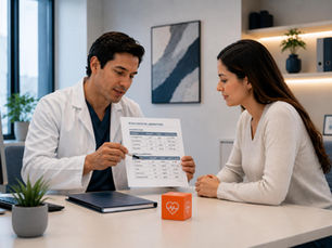 Doctor especialista explica los resultados de laboratorio a una paciente durante la consulta previa a una biopsia de médula ósea en Quito, en un consultorio moderno y bien iluminado.