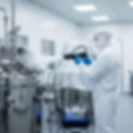 Sanitización de alta precisión con hielo seco en la industria farmacéutica y cosmética en Quito. Un técnico con traje de sala limpia limpia un reactor o mezclador, eliminando residuos de producto y contaminantes sin químicos, garantizando la pureza.