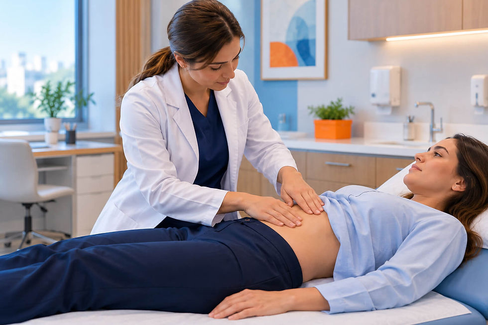 Médica examinando el abdomen de una paciente antes de una ecografía renal en Quito.