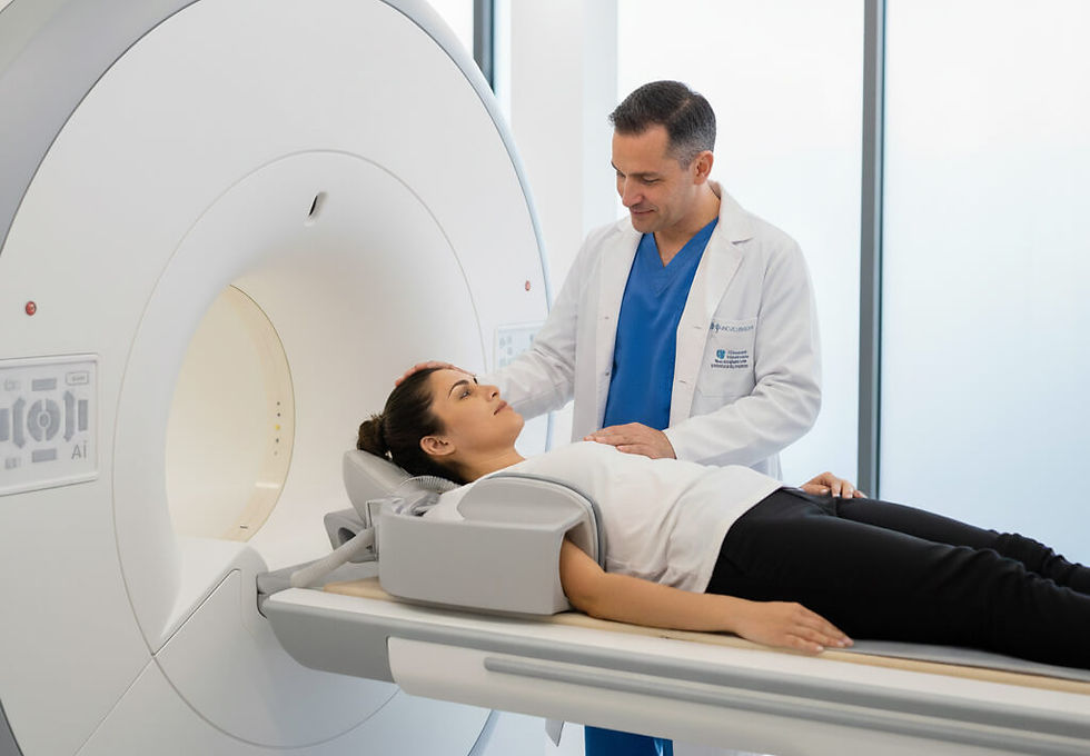 Doctor confortando a una paciente que se prepara para una resonancia magnética de hombro en Inter-Medikum, Quito.