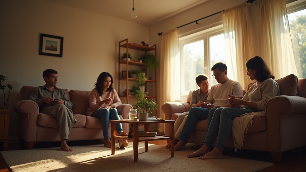Eye-level view of a family gathering in a cozy living room