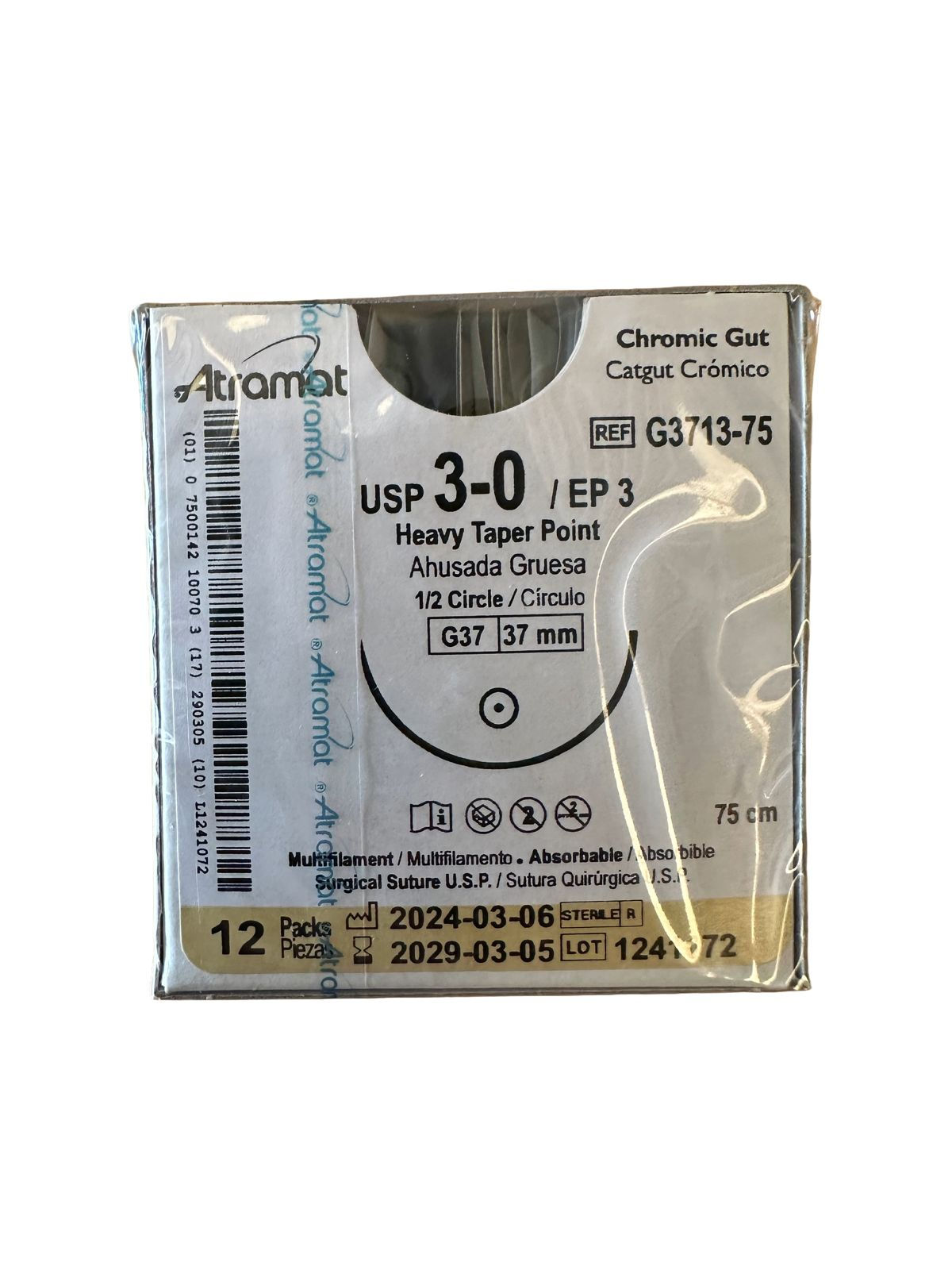 SUTURA ATRAMAT CATGUT CROMICO 3 AGUJA 37 MM CJA 12 PZAS