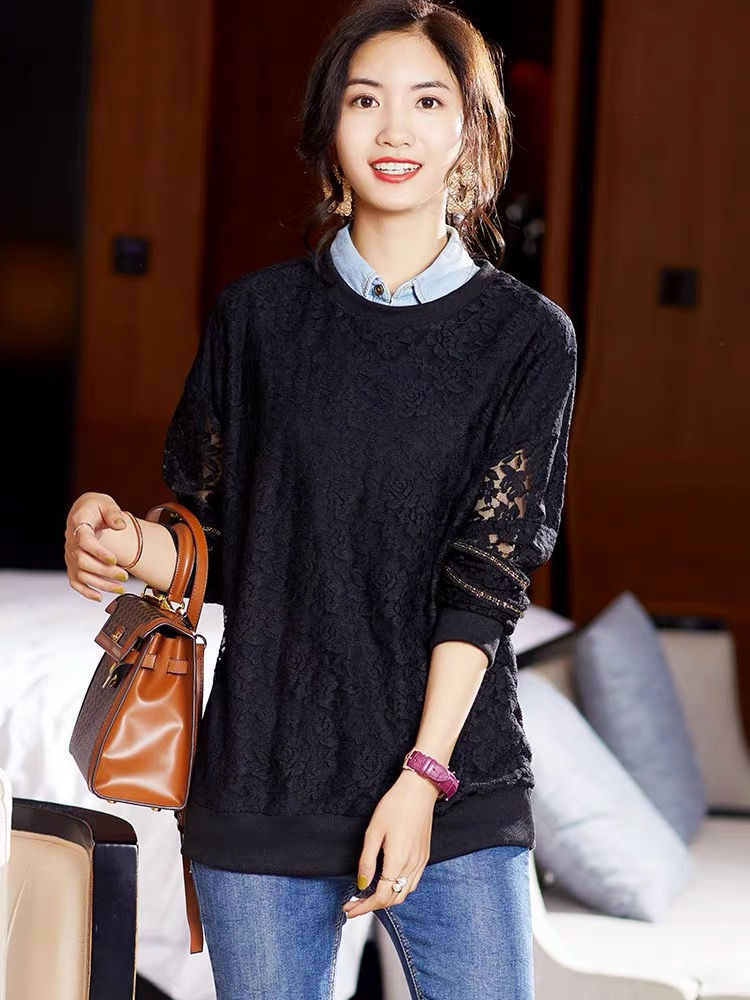 Thumbnail: 2021 Fall Black Crew Neck Long Sleeve Lace Top NY0019