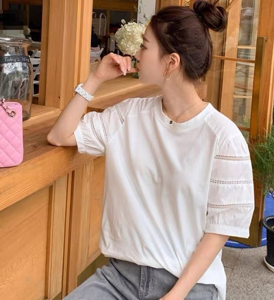 Thumbnail: Korea Direct Shipping: Hollow Pattern Short Sleeve Round Neck Casual T-Shirt
