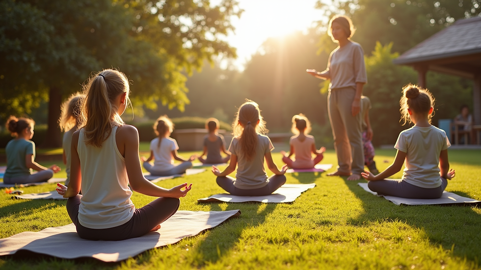 Wide angle view of a sunny outdoor yoga class with children and instructor