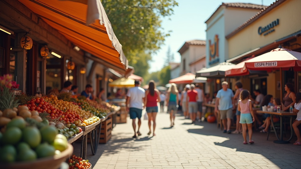 Wide angle view of a family-friendly outdoor market in Liberty Station