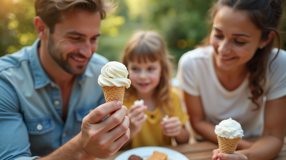 High angle view of a family enjoying ice cream outdoors