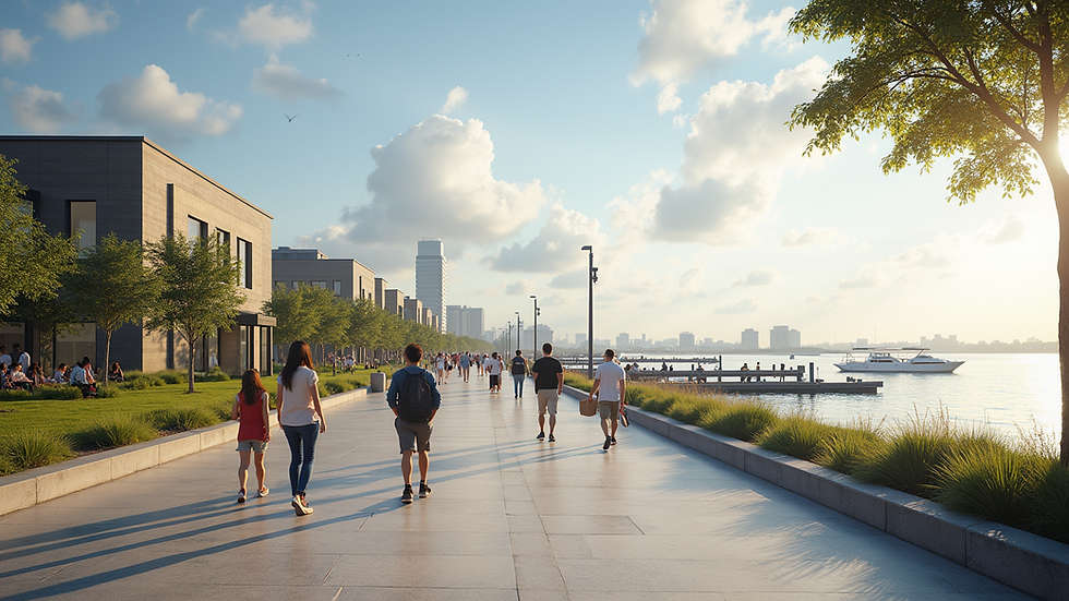 Wide angle view of Liberty Station’s waterfront promenade with families walking