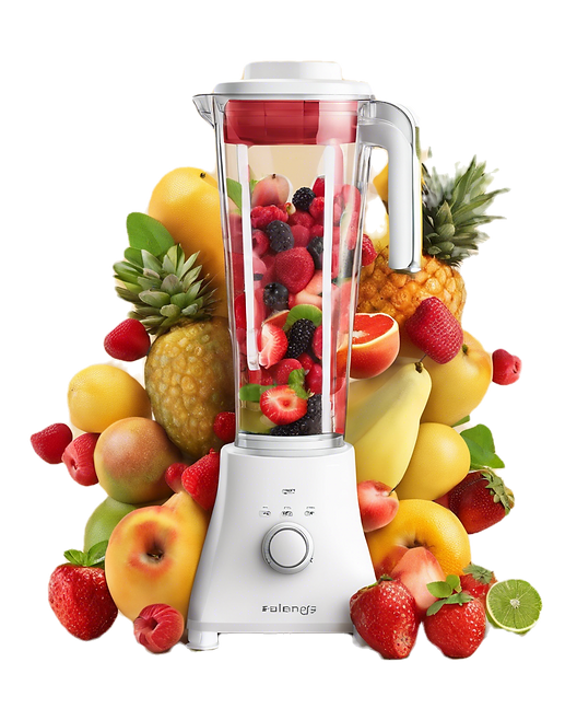 fresh fruit surrounding a blender on a transparent background.png