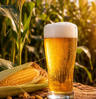 Beer in front of corn stalks