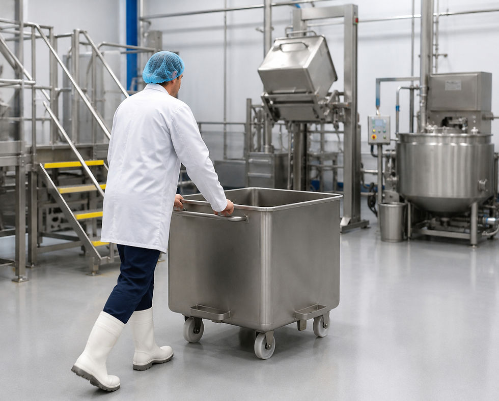 Gilwood stainless steel Lift and Tip tote bins.