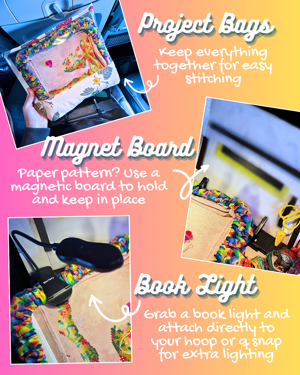 project bags, magnet board and book light for traveling