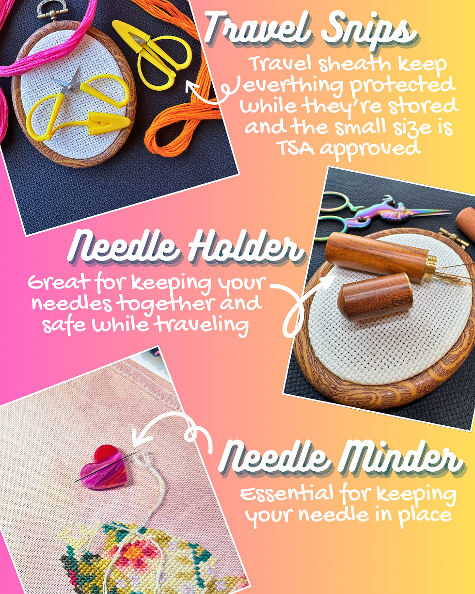 travel snips, needle holder and needle minder for cross stitch
