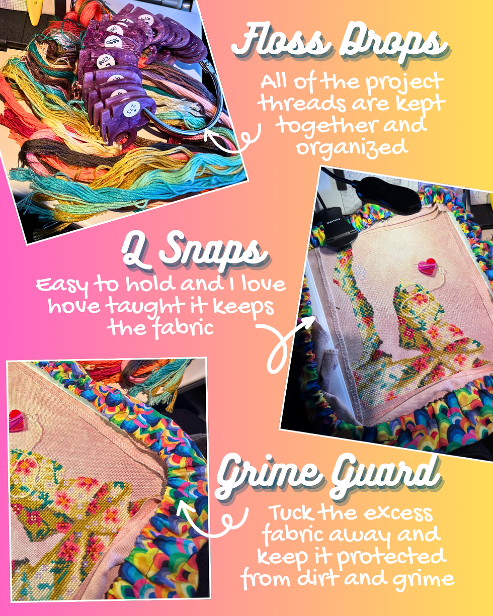 floss drops, q snap, and grime guard for cross stitch