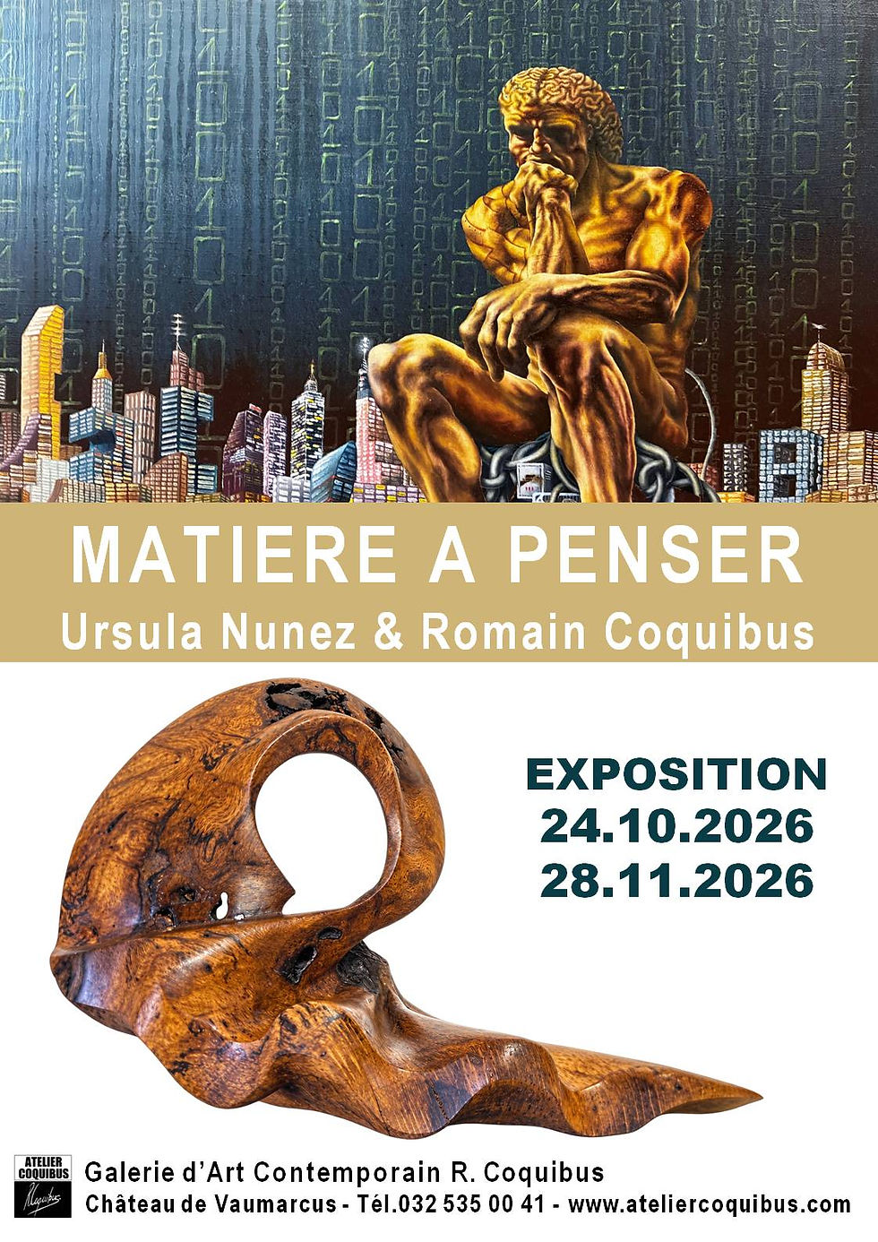 Sculpture en bois Ursula Nunez et Peinture à l'huile Romain Coquibus dans l'exposition Matière à penser