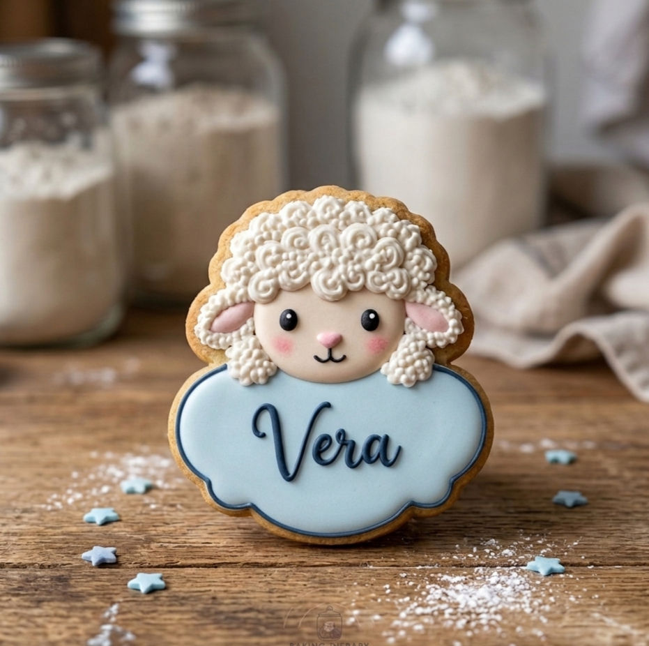A personalized lamb-shaped sugar cookie with fluffy white 3D icing and a soft blue plaque featuring the name 'Vera' in cursiv